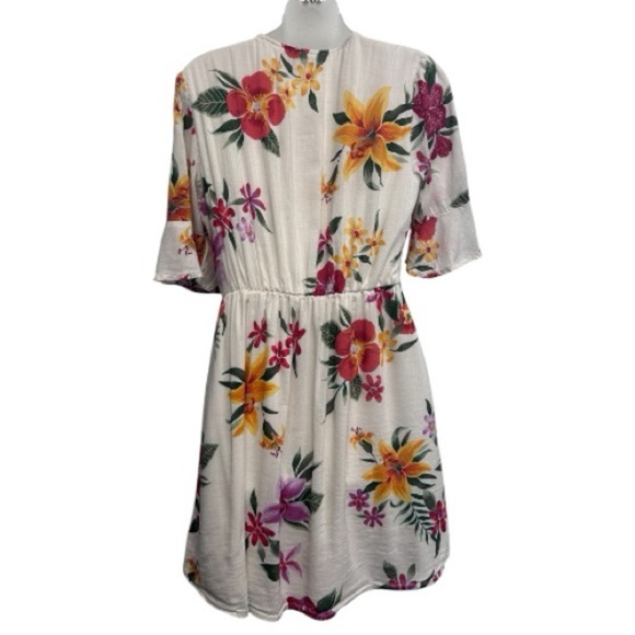 Old Navy White Tropical Floral Waist-Defined Bell-Sleeve Faux-Wrap Dress Size M - Picture 8 of 11